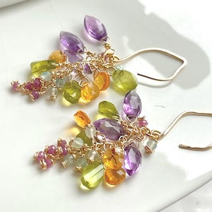 Rainbow gemstone cluster earrings dangle, multi gemstone cascade earrings, 14k gold filled, handmade jewelry gift for women, lightweight