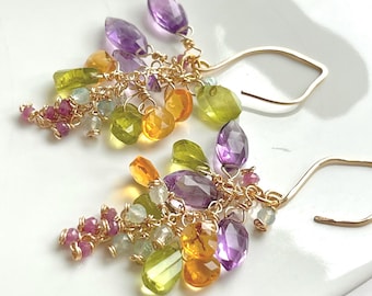 Rainbow gemstone cluster earrings dangle, multi gemstone cascade earrings 14k gold filled, handmade jewelry gift for women, lightweight