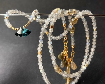 Long beaded gemstone necklace gold, dainty labradorite necklace, layering jewellery, unique retirement gifts women, blue tourmaline pendant