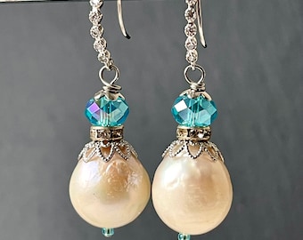 Boucles d'oreilles en perles Edison pendantes, grandes boucles d'oreilles en perles d'eau douce en argent, bijoux en platine pour femme, cadeau du 20e anniversaire pour femme, goutte d'eau de source cz