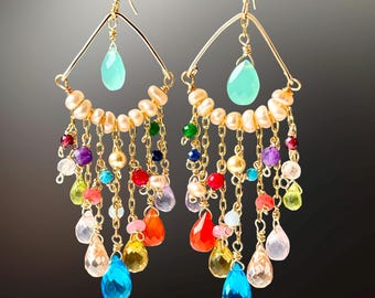 Rainbow gemstone earrings long dangle, boho chandelier earrings gold, semi precious stone jewelry, colorful statement, elegant gifts for her