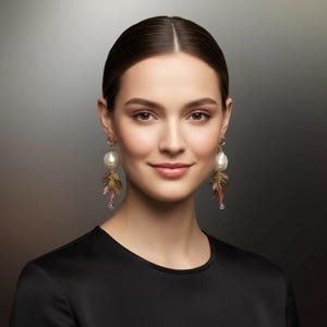 Large baroque pearl earrings 14k gold filled hoops, multi tourmaline, cluster gemstone earrings dangle, autumn leaf jewelry, fall style gift image 7