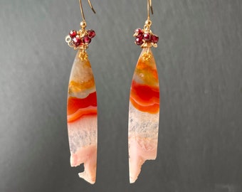 Druzy agate earrings gold, long gemstone earrings dangle, sunset earrings, one of a kind gift her, unique gifts mum, May birthstone jewelry