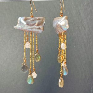 Boucles d'oreilles nuage en or avec gouttes de pluie, boucles d'oreilles en perles de pierre précieuses pour femme, grandes boucles d'oreilles pendantes en perles grises, cadeau unique bijoux faits main image 3