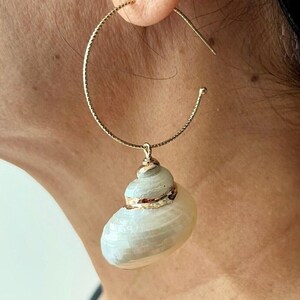Large gold hoop, natural spiral shell dangle earrings, ocean inspired jewelry, beach wedding gift for mum, nickel free, summer statement