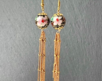 Longues boucles d'oreilles noires pendantes, boucles d'oreilles cloisonnées, boucles d'oreilles à pampilles en chaîne pour femme, bijoux en laiton antiques, jolis cadeaux d'anniversaire pour petite amie, rose