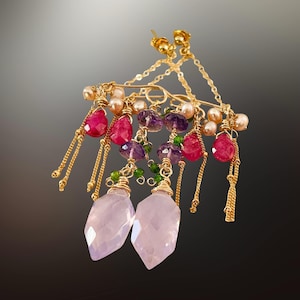 Multi gemstone earrings dangle, boho chandelier earrings gold, handmade whimsical jewelry, 6th anniversary gift for her, colorful statement