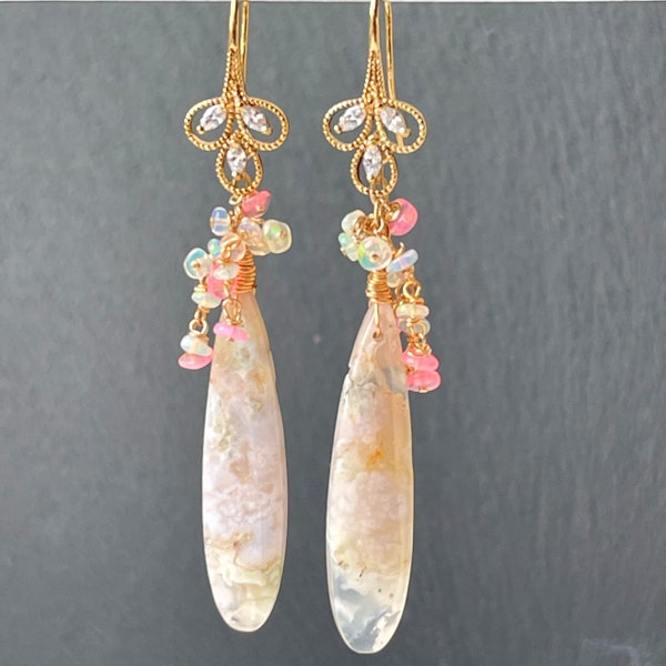 Cherry blossom earrings dangle, opal cluster earrings, semi precious stone jewelry, long gemstone earrings gold, unique holiday gift for mum