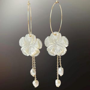 Mother of pearl earrings gold, carved gemstone flower earrings hoops, white statement jewellery for women, plant mum gifts, large floral