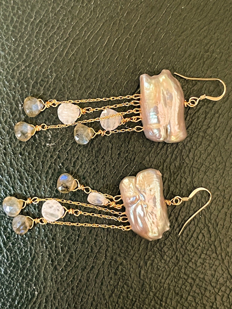 Boucles d'oreilles nuage en or avec gouttes de pluie, boucles d'oreilles en perles de pierre précieuses pour femme, grandes boucles d'oreilles pendantes en perles grises, cadeau unique bijoux faits main image 4