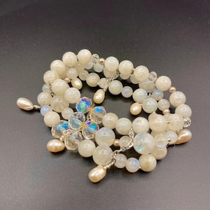 Pulsera de piedra lunar arcoíris plateada, pulsera de cuentas de varias hebras para mujer, joyería llamativa, pulsera de cristal de perla, regalos de embarazo