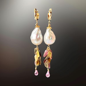 Large baroque pearl earrings 14k gold filled hoops, multi tourmaline, cluster gemstone earrings dangle, autumn leaf jewelry, fall style gift image 3