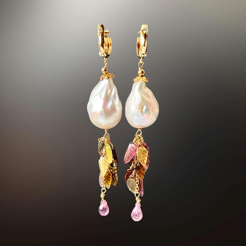 Large baroque pearl earrings 14k gold filled hoops, multi tourmaline, cluster gemstone earrings dangle, autumn leaf jewelry, fall style gift image 3