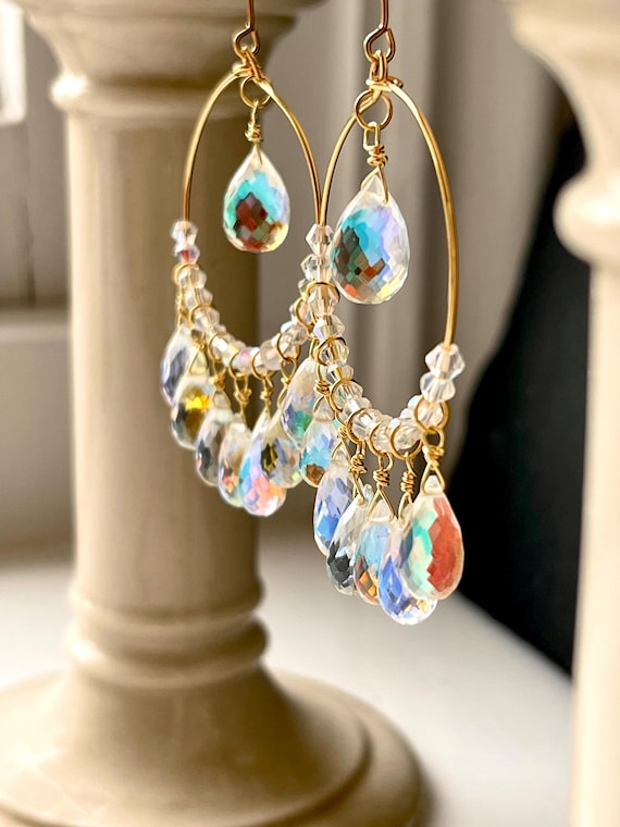 Large crystal drop earrings gold, mystic quartz, handmade boho jewelry for women, unique gifts her, rainbow gemstone earrings hoop, cocktail