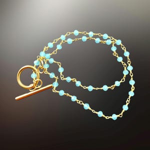 Peruvian opal jewelry, dainty rosary necklace gold, 14th anniversary gift her, something blue for bride from mother, boy mum birthday gifts