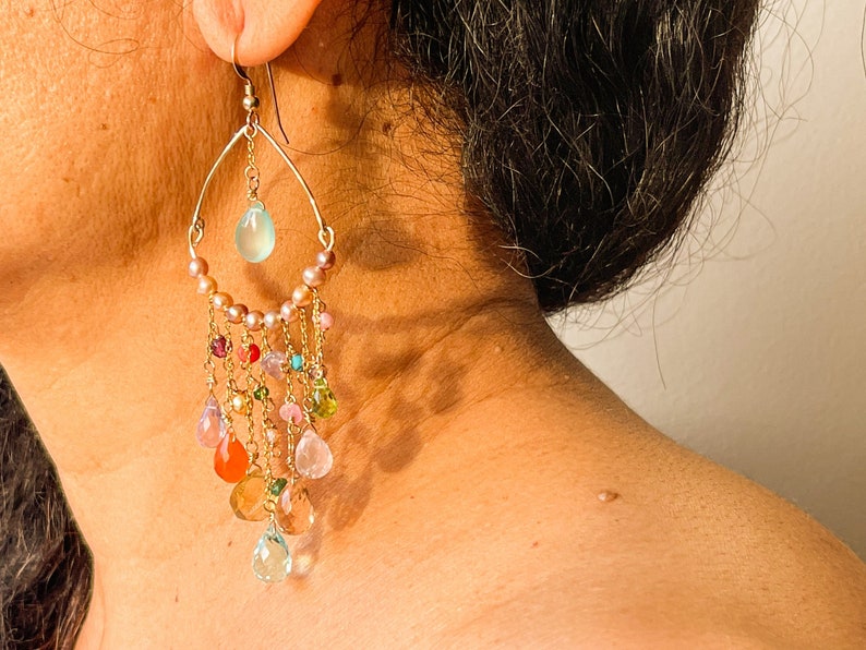 Boho Chandelier Earrings Rainbow Long Statement Earrings 14k Etsy