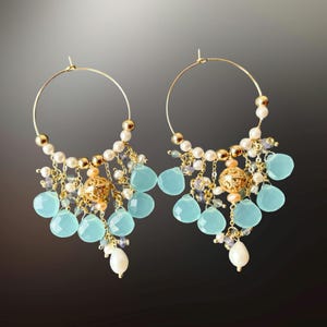 Aqua chalcedony earrings dangle, boho gemstone jewelry, large statement earrings gold, long chandelier earrings pearl wedding gift for bride