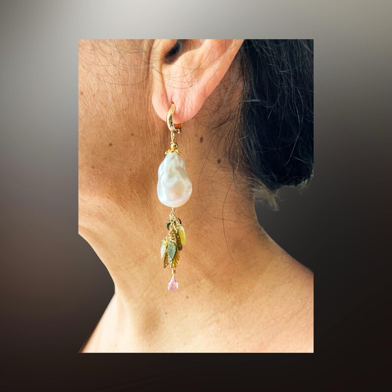 Large baroque pearl earrings 14k gold filled hoops, multi tourmaline, cluster gemstone earrings dangle, autumn leaf jewelry, fall style gift image 9