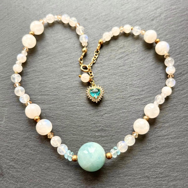 Moonstone choker necklace heart, chunky gemstone beaded necklace, aquamarine choker necklace gold, large stone jewelry, trendy gifts women