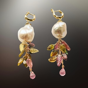 Large baroque pearl earrings gold, tourmaline hoop earrings, autumn leaf earrings dangle, boho statement jewelry, unique gifts for women