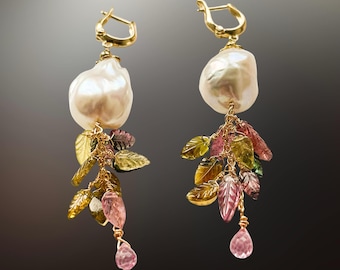 Large baroque pearl earrings dangle, tourmaline, cluster gemstone earrings gold 14k, autumn leaf, fall gift, boho statement jewelry for