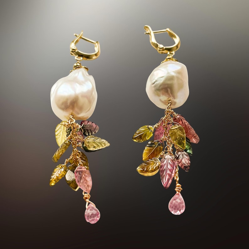 Large baroque pearl earrings 14k gold filled hoops, multi tourmaline, cluster gemstone earrings dangle, autumn leaf jewelry, fall style gift image 1