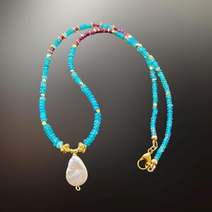 Paraiba opal beads necklace gold, red ruby, natural keshi pearl, dainty gemstone necklace for women, Christmas gifts for daughter, blue fire