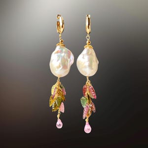 Large baroque pearl earrings 14k gold filled hoops, multi tourmaline, cluster gemstone earrings dangle, autumn leaf jewelry, fall style gift image 2