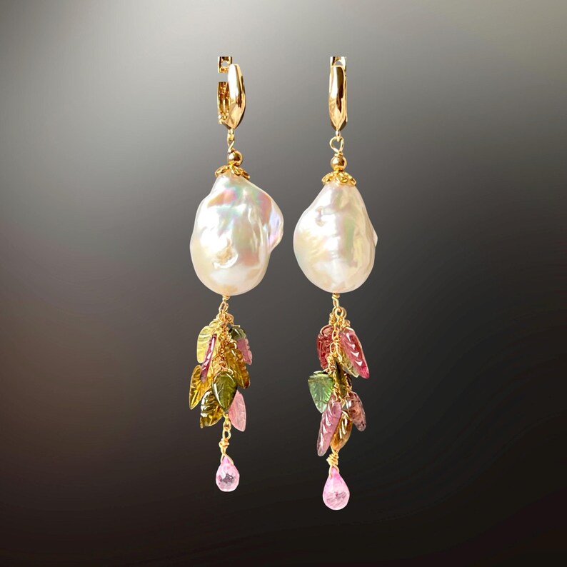 Large baroque pearl earrings 14k gold filled hoops, multi tourmaline, cluster gemstone earrings dangle, autumn leaf jewelry, fall style gift image 2