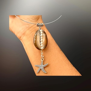 Large cowrie shell necklace boho choker silver necklace, coastal gifts for women, chunky starfish necklace beach jewelry, summer statement