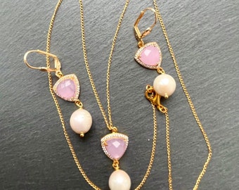 Elegant jewelry set for women, gemstone necklace and earrings set gold, light pink jewelry, halo diamond pendant, mothers day gift set mum