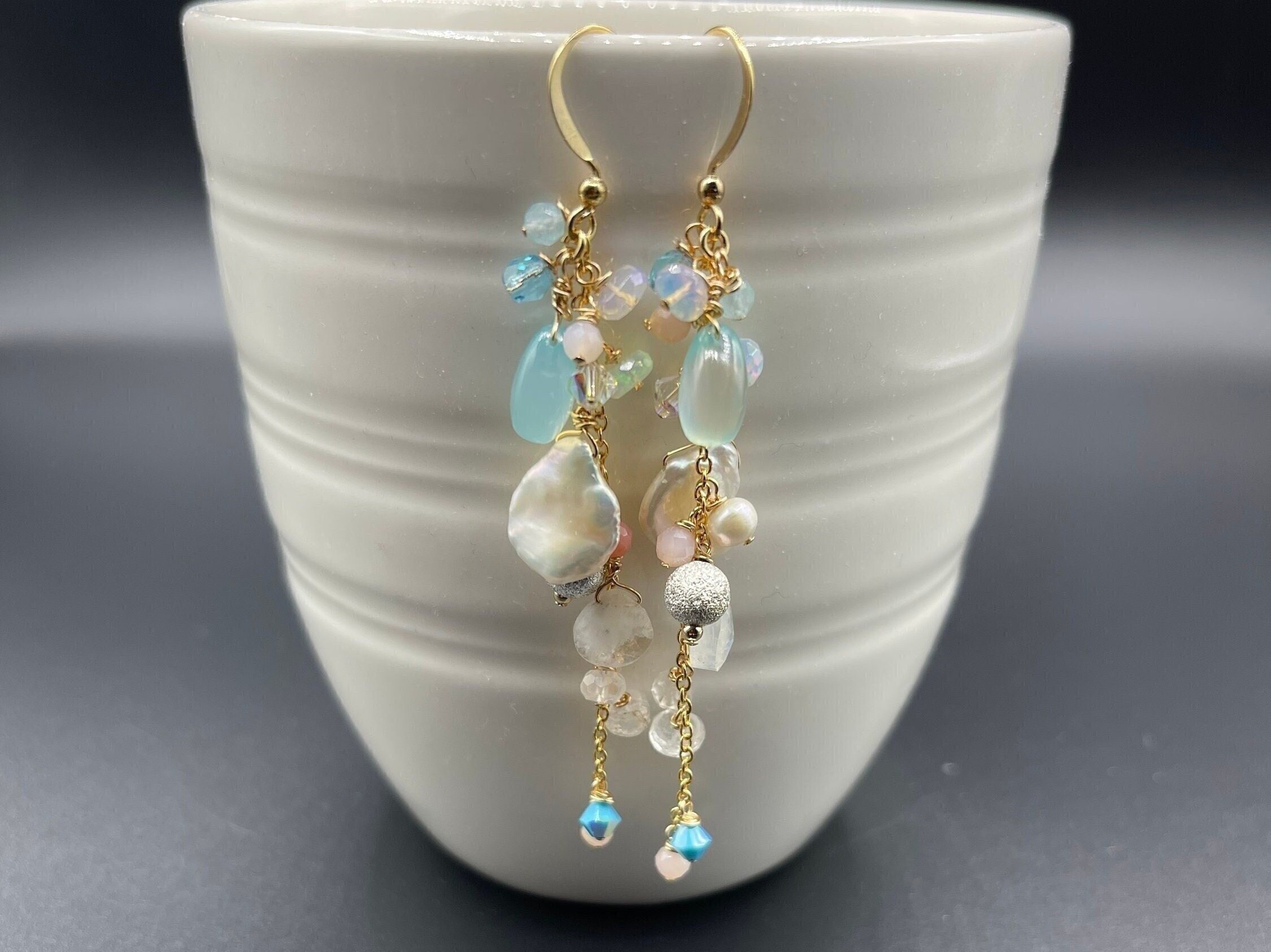 Aqua Chalcedony Earrings, Long Gemstone Earrings Drop Dangle, Moonstone  Cluster, Boho Wedding Jewelry for Bride, Pastel Jewelry Gifts Women - Etsy