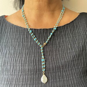 Turquoise beaded lariat necklace gold, 11th wedding anniversary gift for her, teardrop pearl necklace long necklaces for women, unique gifts