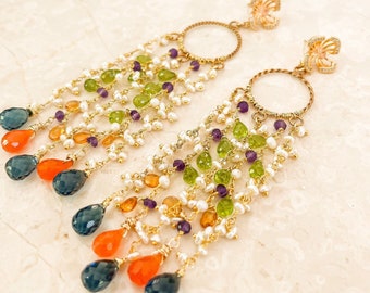 Long gemstone earrings dangle, pearl tassel earrings gold, colorful boho earrings, multistone jewelry, August birthday gift sister in law
