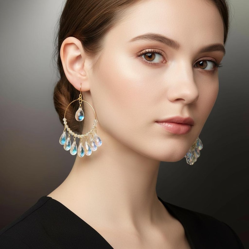 Large crystal drop earrings gold, mystic quartz, handmade boho jewelry for women, unique gifts her, rainbow gemstone earrings hoop, cocktail image 8