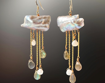 Large keshi pearl earrings gold, cloud rain drop earrings, blue labradorite, rainbow moonstone, grey pearl, unique birthday gifts for her