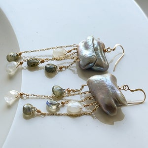 Boucles d'oreilles nuage en or avec gouttes de pluie, boucles d'oreilles en perles de pierre précieuses pour femme, grandes boucles d'oreilles pendantes en perles grises, cadeau unique bijoux faits main image 6