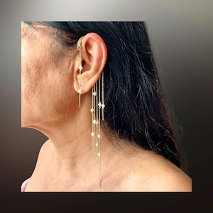 Gold pearl drop earrings, ear cuffs no piercing, long chain, shoulder duster, boho chic jewelry, white statement, best friend birthday gifts