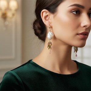 Large baroque pearl earrings 14k gold filled hoops, multi tourmaline, cluster gemstone earrings dangle, autumn leaf jewelry, fall style gift image 8
