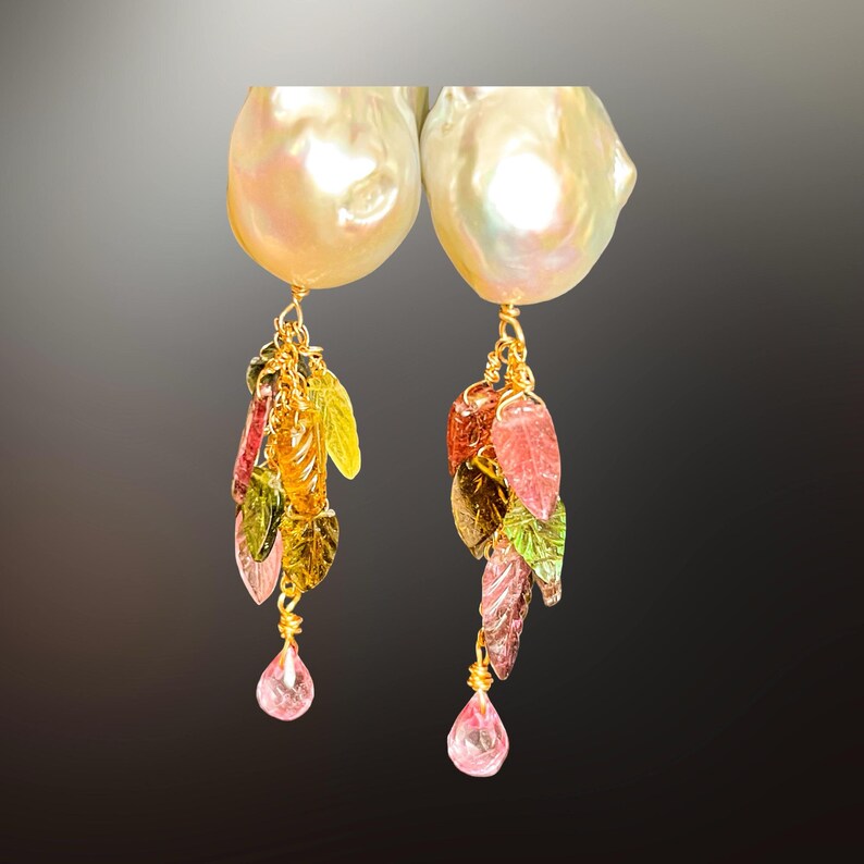 Large baroque pearl earrings 14k gold filled hoops, multi tourmaline, cluster gemstone earrings dangle, autumn leaf jewelry, fall style gift image 6