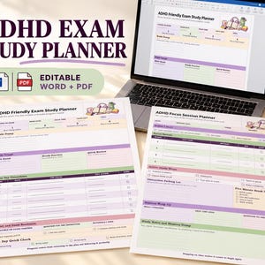Puede incluir: Un planificador de estudio para exámenes y un planificador de sesiones de enfoque para TDAH mostrados en papel y en la pantalla de una computadora portátil. Los documentos incluyen secciones para priorizar temas y objetivos.