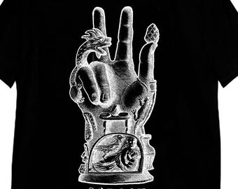 May include: Black t-shirt with a white graphic of a hand holding a dragon and a clock. The text "186 LOST" is printed below the graphic.