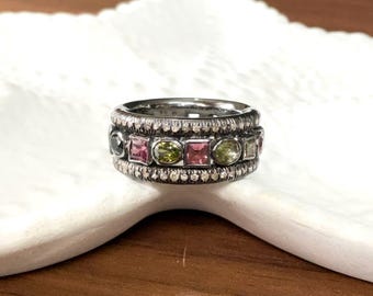 Multi Turmalin & Pave Diamant Ring: Boho Ring mit schwarzem Rhodium Sterlingsilber