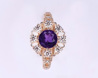 Floral Amethyst Ring | Sterling Silver, Moissanite Accent | February Birthstone, Nature-Inspired Engagement Jewelry