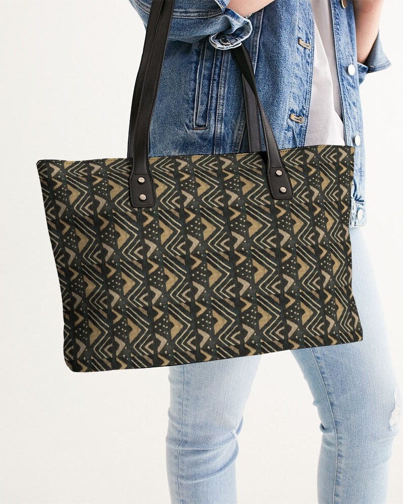 Stylish Tote Brown Bogolan African Print, faux leather image 3