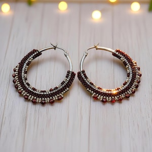 Ruby Red Beaded Hoop Earrings: Handmade Seed Bead Boho Statement Jewelry