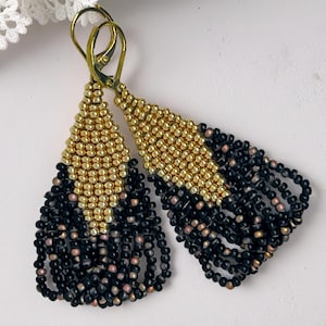 Boho Black and Gold Seed Bead Earrings: Tribal Dangle Jewelry