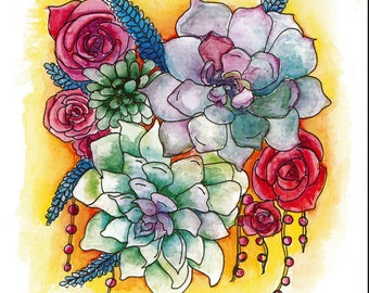 Succulent watercolor with floral detail 8x8 print