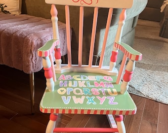 Children’s, Kids Personalized hand painted Rocking Chair First Birthday,  Baby Shower Gift Any Theme