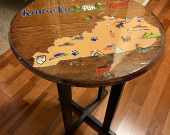 Custom Bourbon Barrel Lid Table- with Hand-painted State Map Epoxy Top, personalized state art table on bourbon barrel lid unique table